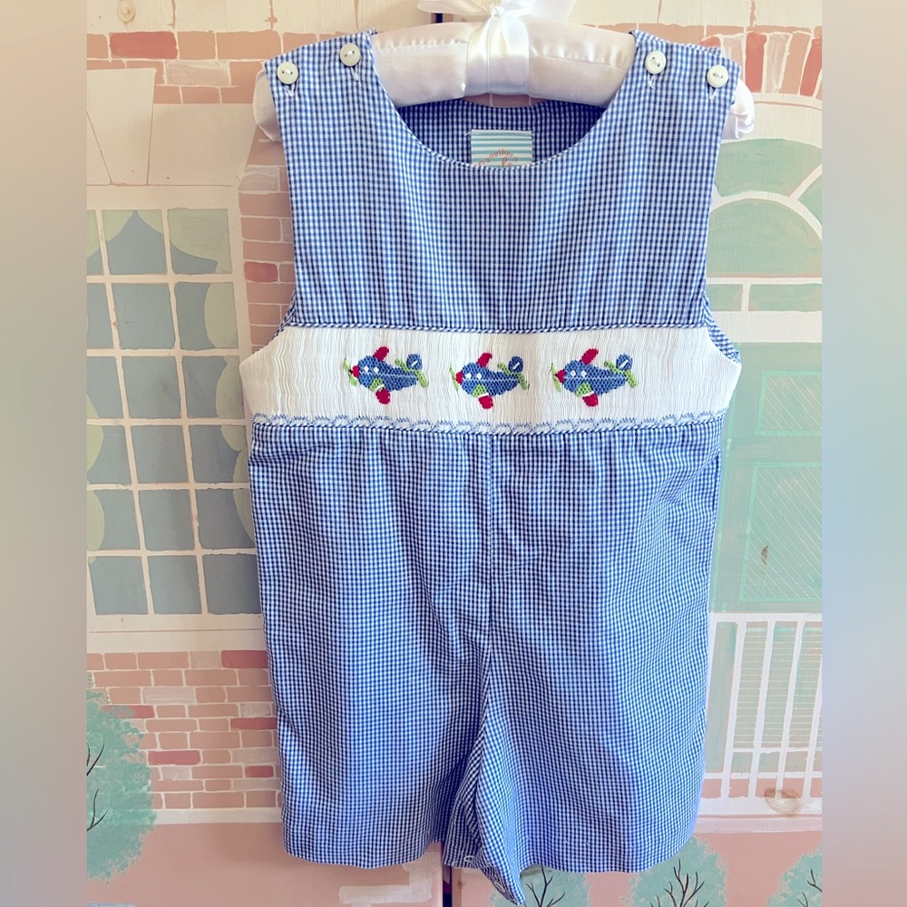 Blue Gingham Airplane Smocked John John